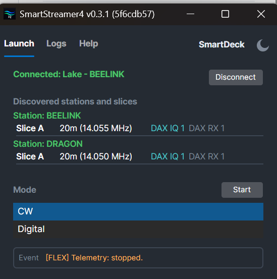 SmartStreamer4's Launch tab in the Dark theme, connected to a FlexRadio station, showing two discovered stations with a slice each and the CW and Digital mode list.