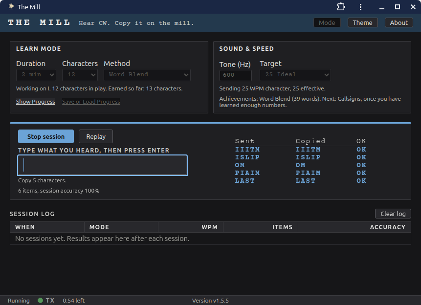 The Mill main window during a Learn Mode session: lesson duration, character count, and sending method settings, sound and speed settings stating the target and the sending speed in both character and effective words per minute, a typing area for copy, a sent against copied comparison with every item correct at 100 percent session accuracy, and a session log awaiting results.